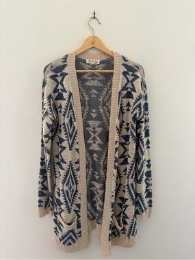 Pink Rose Beige and Navy Aztec Open-Front Cardigan